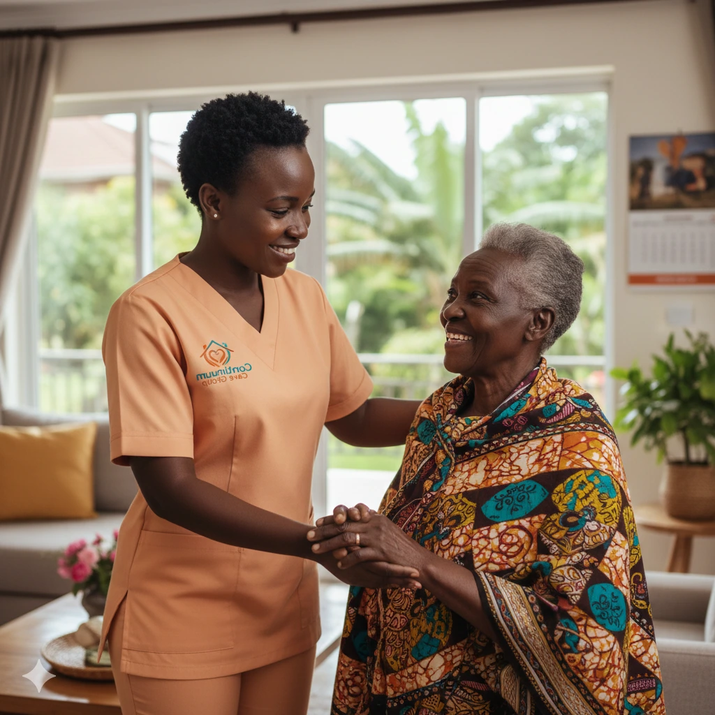 Caregiver holding an elderly woman's hand in an Eldoret home